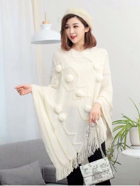 Soft Knitted Solid Poncho W/ Pom Pom & Fringes